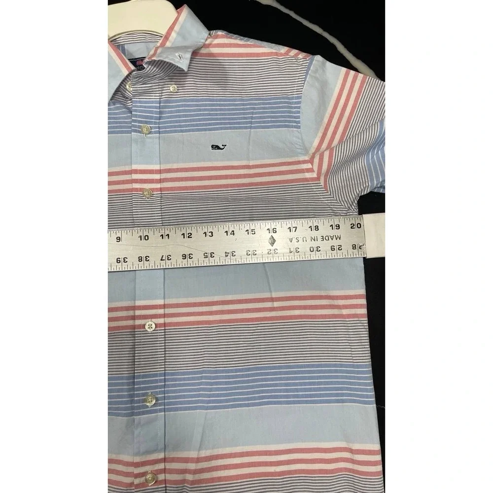 Vineyard Vines Boy's Whale Shirt Light Red Blue White Striped Short Sleeve Sz XL
